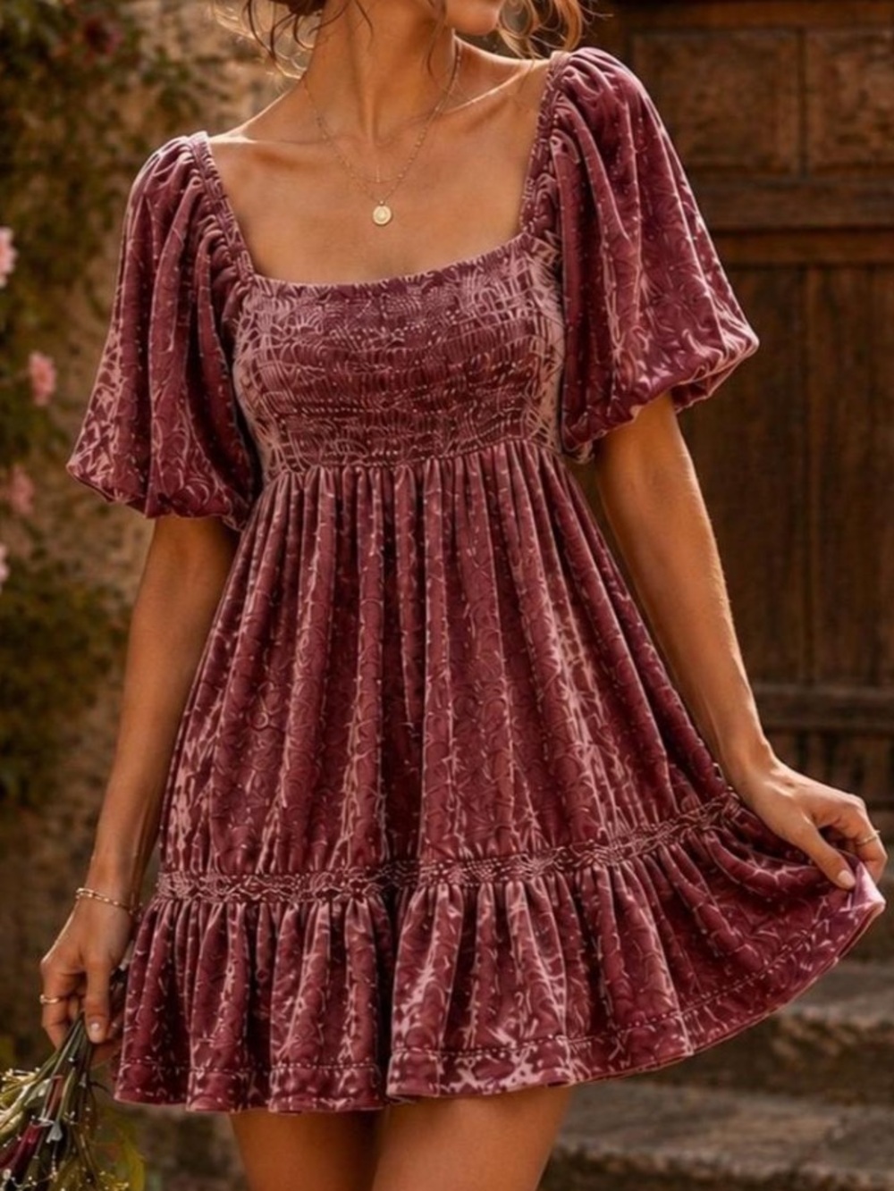Free People Easy to Love Pink/Mauve Velvet Babydoll Dress - Size S